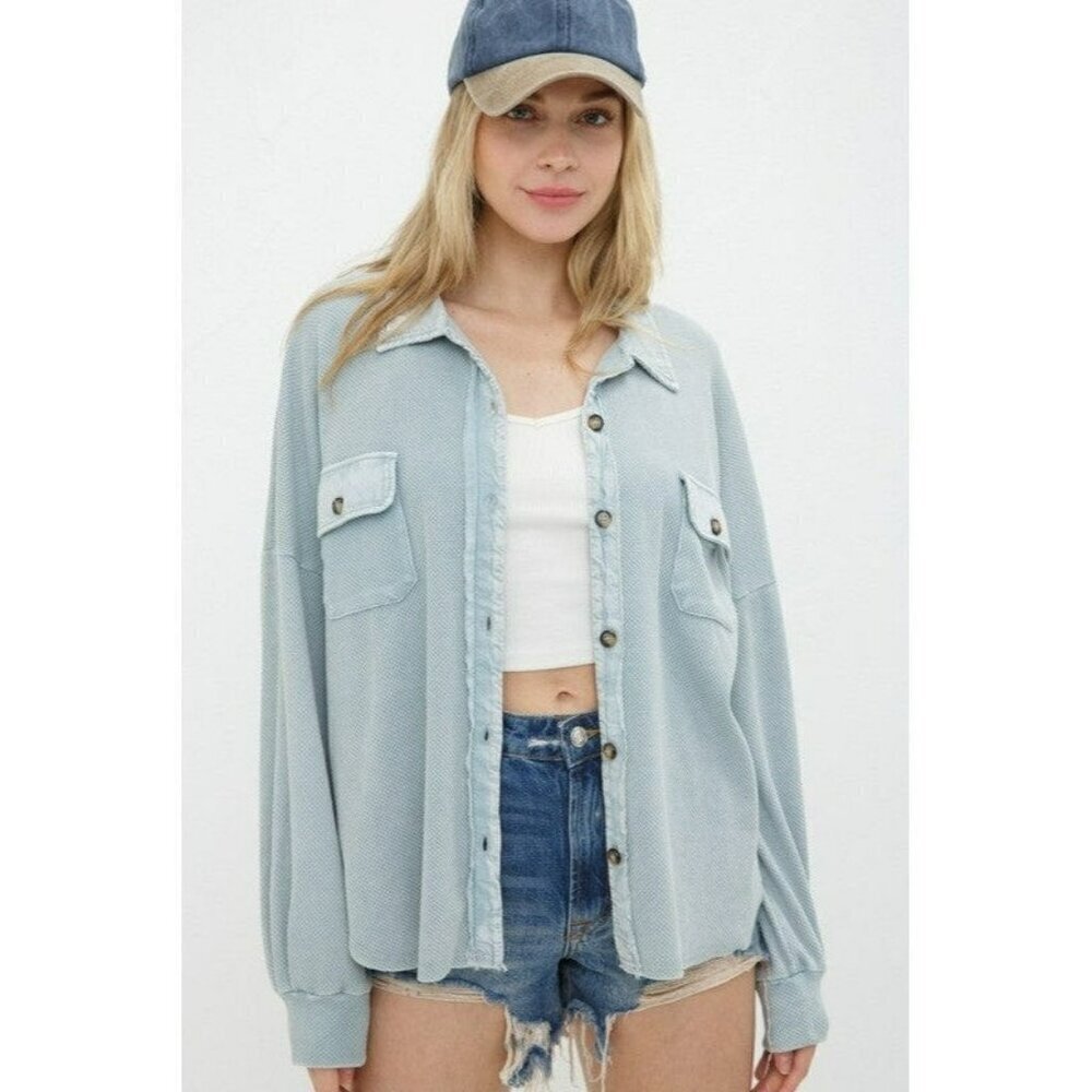 Not Your Boyfriend's Textured Knit Shirt Jacket in Blue